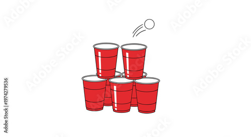 Graphic illustration of a stack of red plastic cups with a white ping pong ball bouncing on top for a party game on white background.