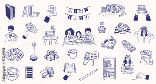 book club doodle sketch elements drawing illustration - vector collection set