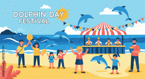 Happy family enjoying dolphin day festival on sandy beach. People are celebrating with balloons and watching dolphins jump from sea. Food stall and sunny sky complete festive scene.