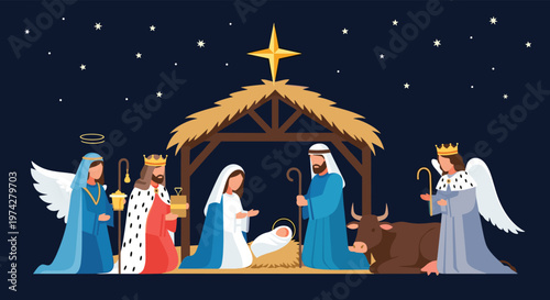 Traditional nativity scene illustration featuring holy family with baby Jesus in a manger surrounded by three kings and angels under stars.