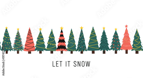 Collection of stylized christmas trees in various colors and patterns arranged in a row with let it snow text at the bottom center.