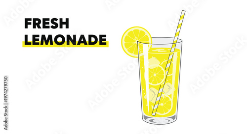 Refreshing glass of fresh lemonade with ice cubes and lemon slices served with a striped straw against a clean white background.