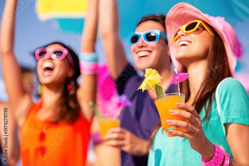 Group of Happy Young Friends Celebrating at Summer Music Festival with Tropical Cocktails and Colorful Sunglasses