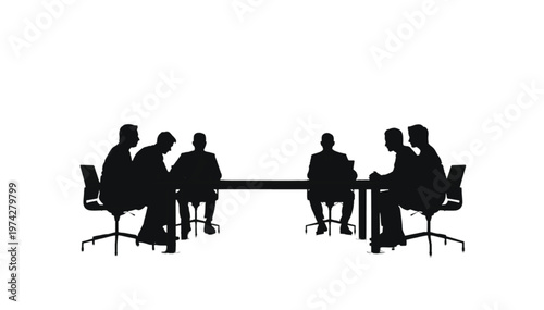 Silhouetted individuals sit at opposing sides of a long table for a formal meeting.