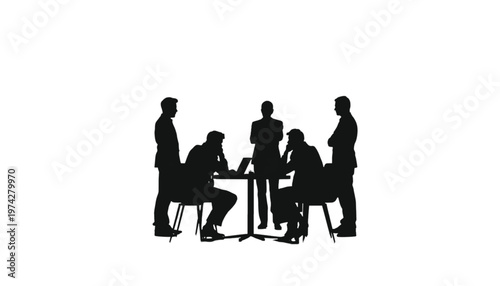Silhouettes of business professionals gathered around a table for a meeting.