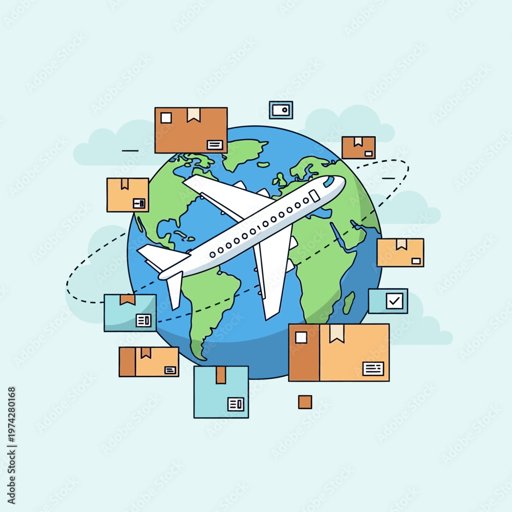 Naklejka premium Global Shipping Logistics: Airplane, Earth, Cargo Boxes, International Delivery Concept