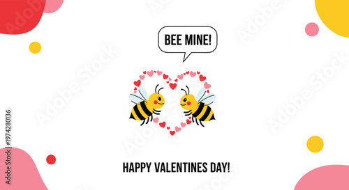 Romantic valentines day card showing two cute bees in a heart of smaller hearts with a bee mine pun speech bubble greeting.