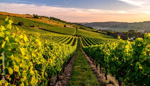 Expansive view of lush green vineyard in a valley, bathed in warm sunlight with rolling hills and a distant town
