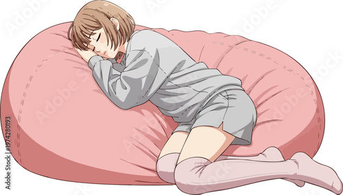 Anime style illustration of a young woman sleeping on a pink bean bag, cozy girl character in loungewear resting, peaceful female vector art
