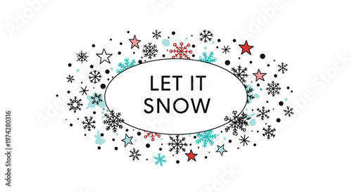 Minimalist winter card with let it snow typography inside a black frame bordered by blue and black snowflakes and stars.