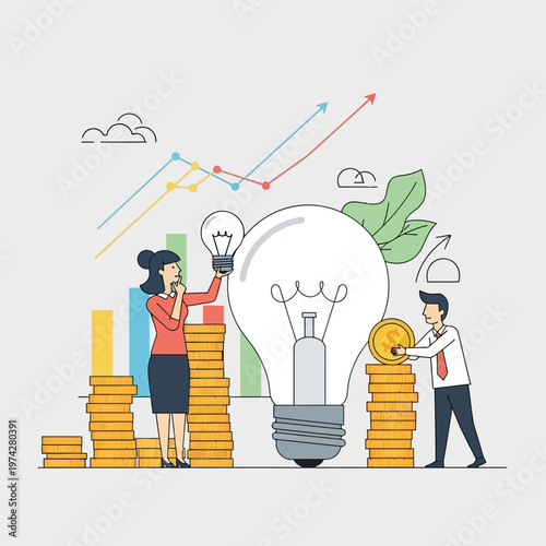 Business growth concept: people with coins, lightbulb, charts, and graphs