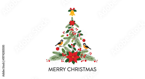 Beautiful christmas tree design made from evergreen branches, holly berries, poinsettias, and birds with a merry christmas greeting.