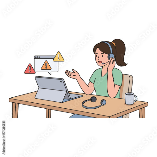 A woman wearing a headset sits at a desk with a laptop and coffee, gesturing while warning signs appear on her screen.