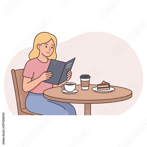 Woman sitting at a table in a cafe reading a menu with coffee and cake
