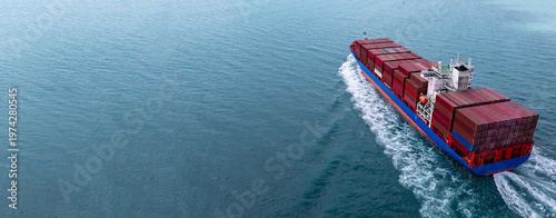 Aerial view container cargo ship carrier container on sea, Global business logistics transportation by container cargo ship, Container cargo ship freight shipping import export supply chain.