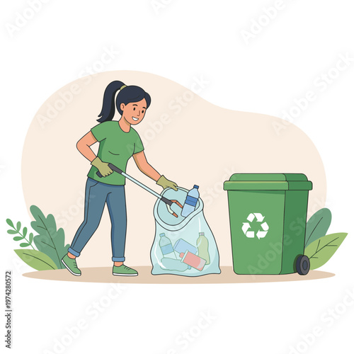 Woman collecting trash in a bag near a recycling bin outdoors