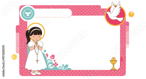 Elegant pink first communion frame for girls with an illustration of a praying girl, a holy chalice, and a white dove of peace.