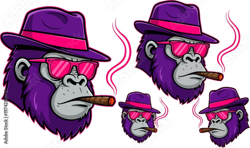 Cool gorilla mascot wearing fedora hat and sunglasses smoking cigar, purple ape character vector, retro neon style primate head illustration