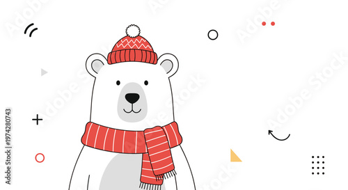 Adorable polar bear character wearing a red knitted hat and a striped scarf surrounded by minimalist geometric shapes on white.