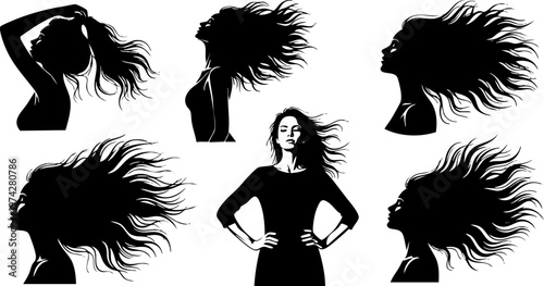 Black and white silhouette woman with long flowing hair, set of 6 female profile vectors with windblown hair, elegant beauty and hair care icons