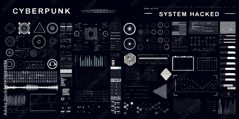 Fototapeta premium Cyberpunk system interface elements with digital graphics and a dark silhouette