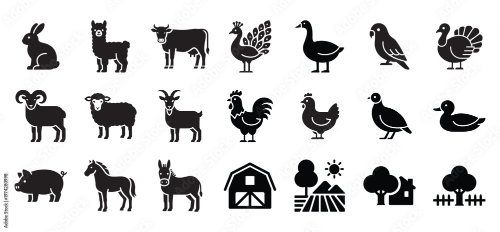 Obraz premium Farm animals and rural life icon set featuring livestock, poultry, barn, and countryside elements. Solid bold glyph vector suitable for agriculture, farming, organic food, and rural themes.