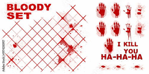 Bloody handprints and text create a disturbing visual silhouette