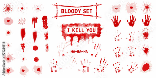 Collection of graphic blood splatters and text a disturbing silhouette