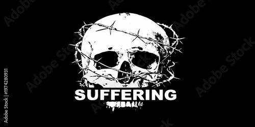 Skull with barbed wire and the word suffering a stark silhouette