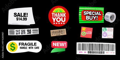 Various colorful sale and promotional stickers with a dark silhouette