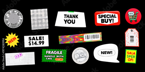 Assorted stickers and labels arranged on a black background silhouette