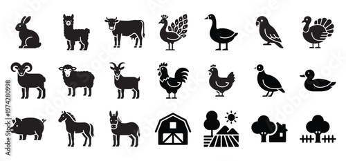 Farm animals and rural life icon set featuring livestock, poultry, barn, and countryside elements. Solid bold glyph vector suitable for agriculture, farming, organic food, and rural themes.