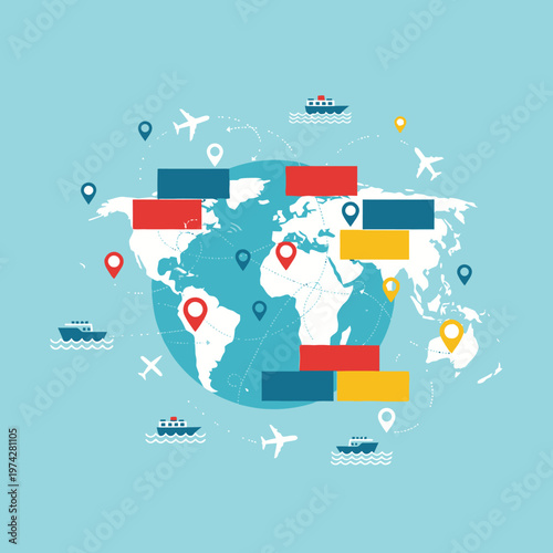 Global Logistics Network: World Map with Shipping Routes, Airplanes, and Cargo Containers