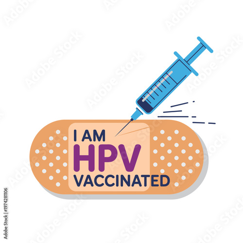 A vector graphic illustration of a band aid with a syringe and the text 'I am HPV vaccinated' on a white background