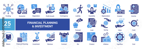 Financial planning icon set with 25 icons including investment,revenue,cashflow,forecast,and ROI.Ideal for business finance,presentation,UI,and infographic design.