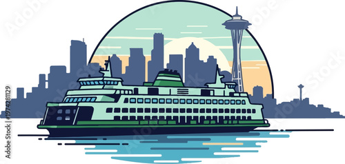 Stylized ferry travels past a city skyline with a distinct tower