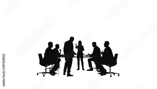 Business team silhouettes engage in a dynamic discussion around a conference table, actively collaborating.