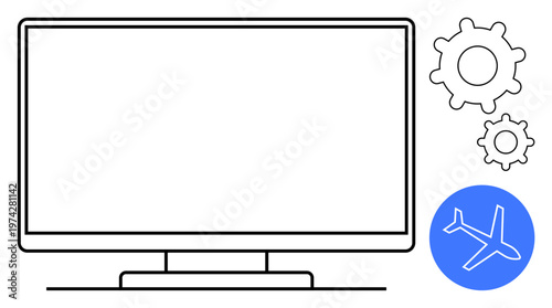 Technology development, travel logistics, user interface design, software development, automation systems, global communication. Blank screen with gears and airplane icon. Technology and travel