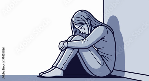 A lone figure, huddled in a corner, weeping tears of sadness