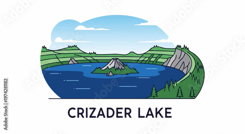 A stylized, colorful illustration depicts a tranquil blue lake with a conical island, framed by rolling green hills and distant mountains