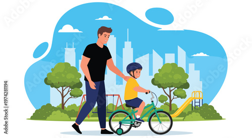Photography Father kindly guiding son on bicycle in sunny park