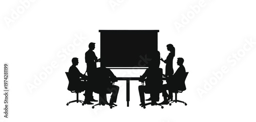 Business professionals attend a meeting around a conference table with a large screen, collaborating.