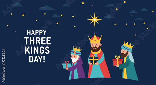 Greeting card for happy three kings day featuring the three wise men carrying gifts under a bright star in a night sky.