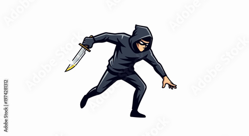 A masked figure in dark clothing, poised and ready, clutches a gleaming dagger