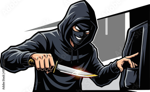 A menacing figure in a black hoodie and mask, holding a gleaming knife