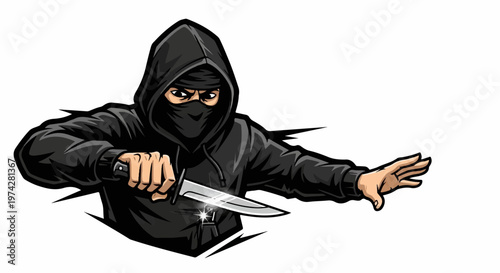 Aggressive hooded figure with face covering and blade, preparing an attack
