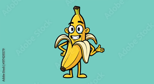 A cheerful, peeled cartoon banana character stands with a hand on its hip