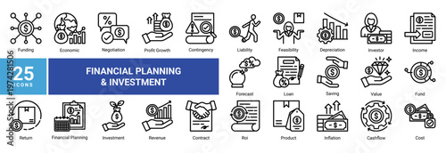 Financial planning icon set with 25 icons including investment,revenue,cashflow,forecast,and ROI.Ideal for business finance,presentation,UI,and infographic design.