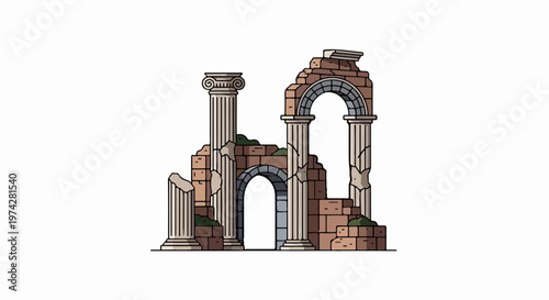 Ancient stone ruins with columns, arches, and overgrown vegetation