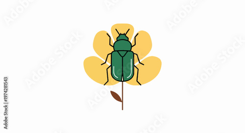 Green beetle on a yellow flower with a brown stem and leaf